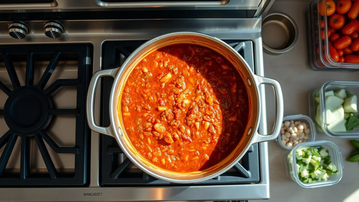 A large 24-quart stockpot being used for batch cooking multiple meals A large 24-quart stockpot being used for batch cooking multiple meals