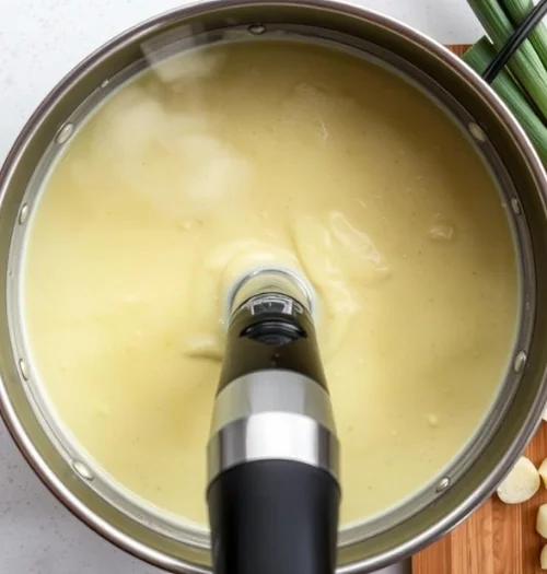 Creamy potato leek soup being blended in a stockpot