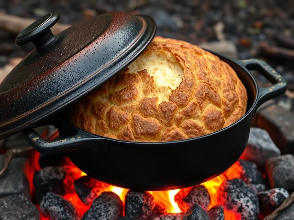 Baking bread in a Dutch oven over campfire with proper coal placement Baking bread in a Dutch oven over campfire with proper coal placement