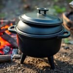 Camp Dutch oven with legs and flanged lid for cooking with Dutch oven over campfire