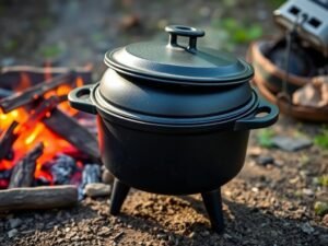 Camp Dutch oven with legs and flanged lid for cooking with Dutch oven over campfire