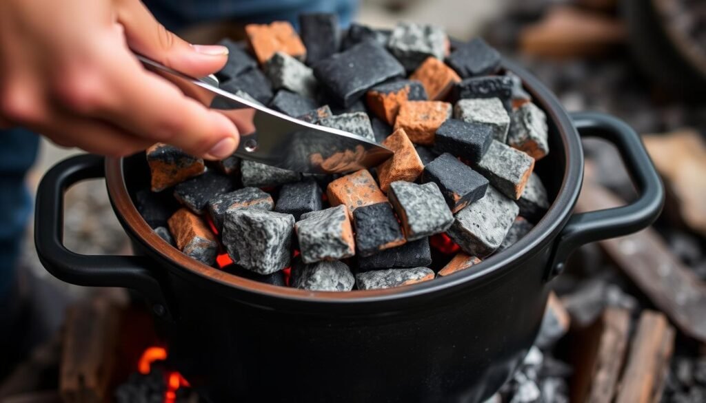 Coal placement for temperature control when cooking with Dutch oven over campfire Coal placement for temperature control when cooking with Dutch oven over campfire