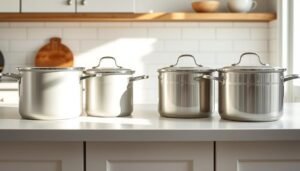 Different stockpot sizes lined up from 6 quart to 20 quart for size comparison