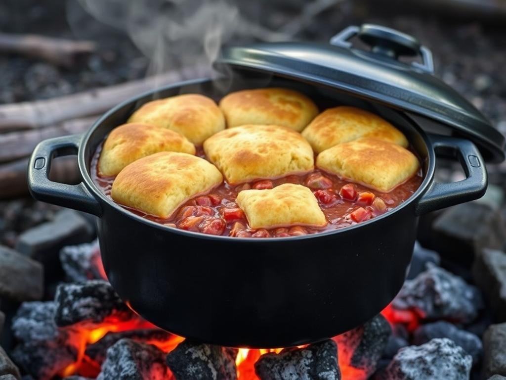 Dutch oven campfire chili with cornbread topping cooking over coals Dutch oven campfire chili with cornbread topping cooking over coals