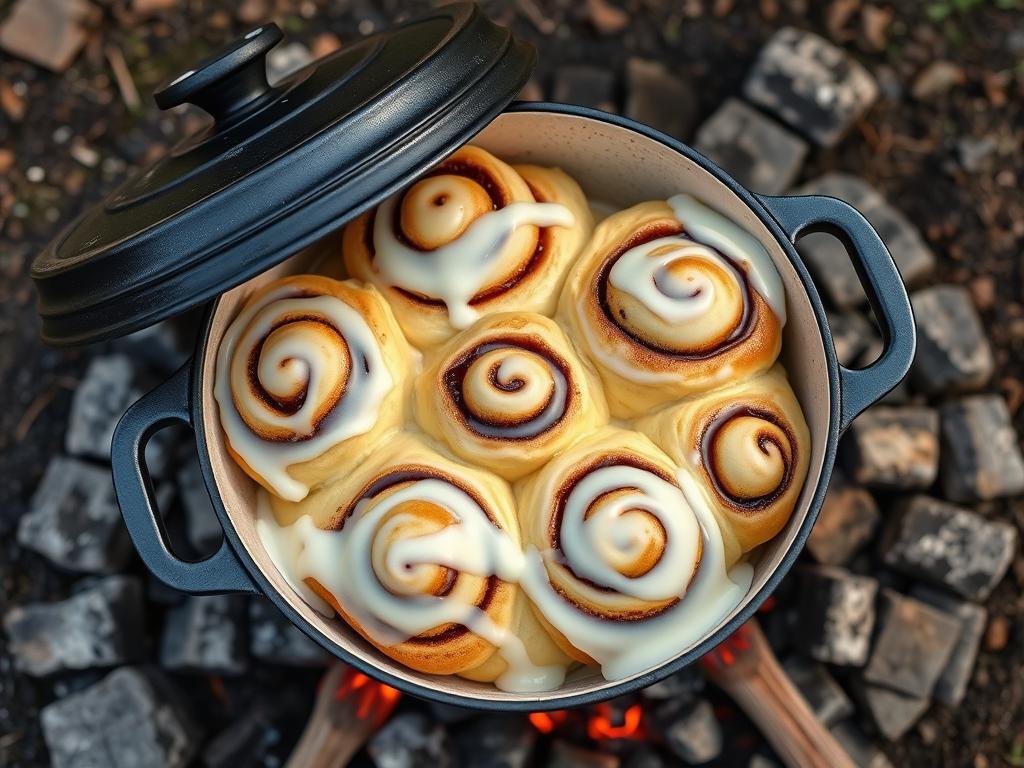 Dutch oven cinnamon breakfast rolls baking over campfire coals Dutch oven cinnamon breakfast rolls baking over campfire coals