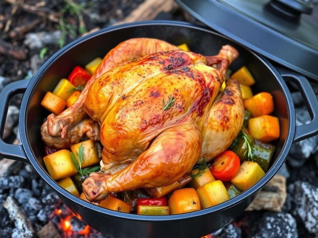 Dutch oven garlic herb chicken with vegetables cooking over campfire Dutch oven garlic herb chicken with vegetables cooking over campfire