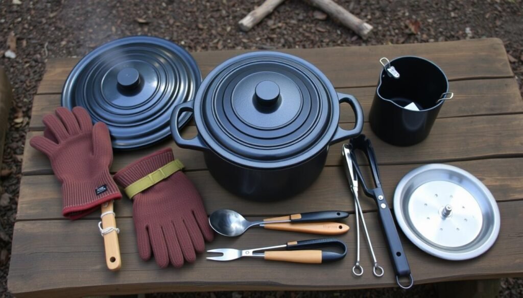 Essential gear for cooking with Dutch oven over campfire laid out for inspection Essential gear for cooking with Dutch oven over campfire laid out for inspection