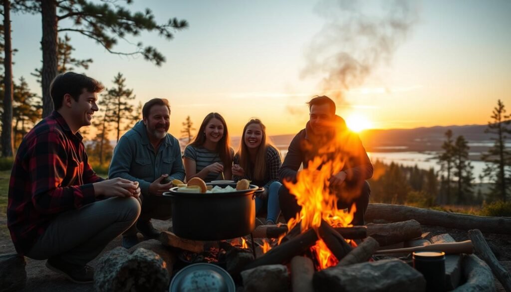 Family enjoying meal cooked with Dutch oven over campfire in wilderness setting Family enjoying meal cooked with Dutch oven over campfire in wilderness setting