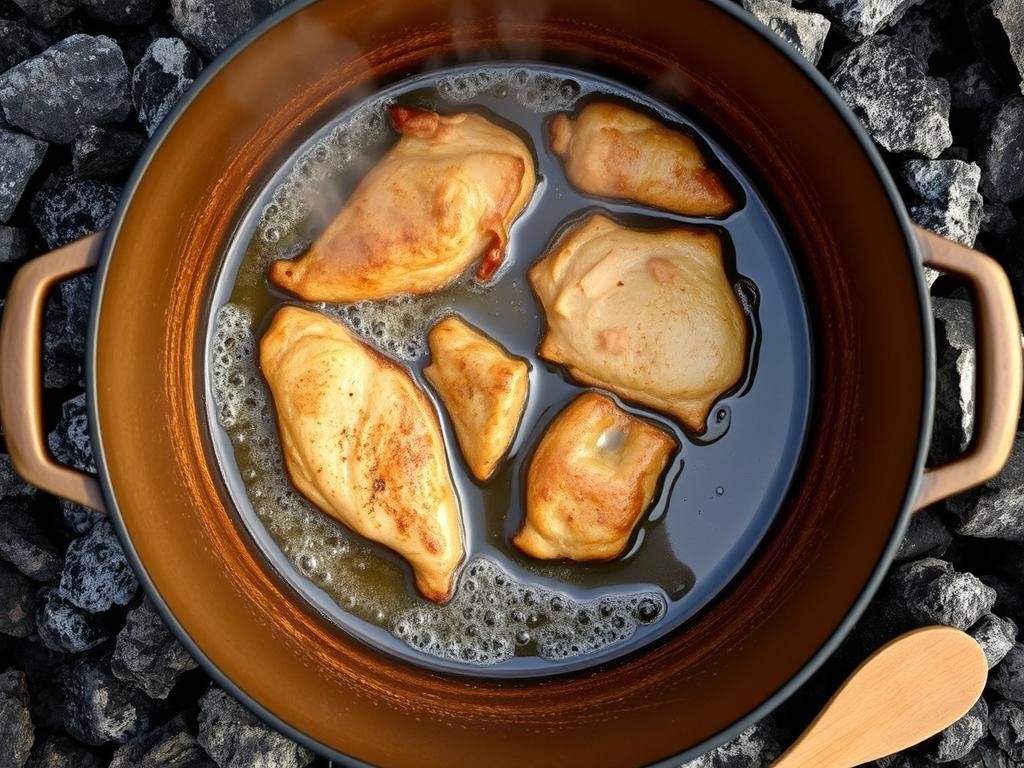 Frying technique in a Dutch oven over campfire showing sizzling food Frying technique in a Dutch oven over campfire showing sizzling food