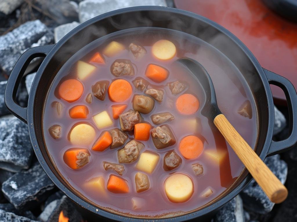 Hearty stew simmering in a Dutch oven over campfire coals Hearty stew simmering in a Dutch oven over campfire coals