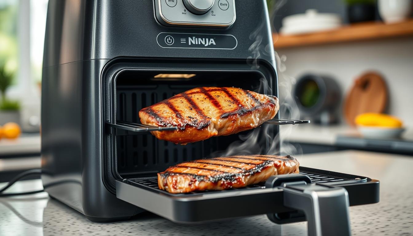 Ninja DG551 Foodi Indoor Grill with Air Fryer cooking steak with grill marks