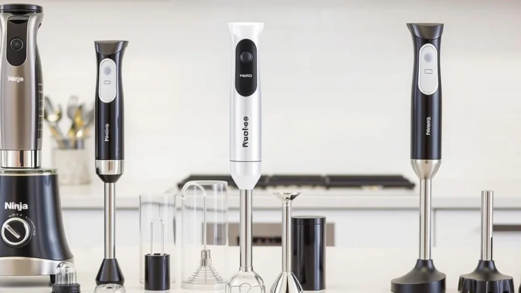 Side-by-side comparison of Ninja, Cuisinart, and KOIOS hand immersion blenders