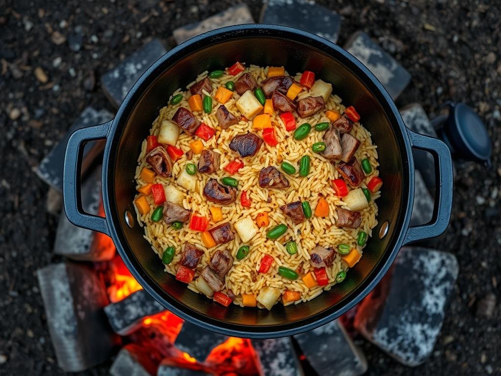 One-pot meal cooking in a Dutch oven over campfire showing layered ingredients One-pot meal cooking in a Dutch oven over campfire showing layered ingredients