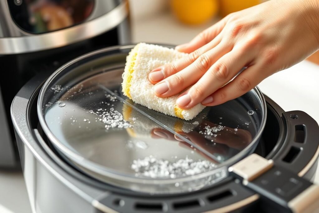 Person cleaning a portable glass air fryer container