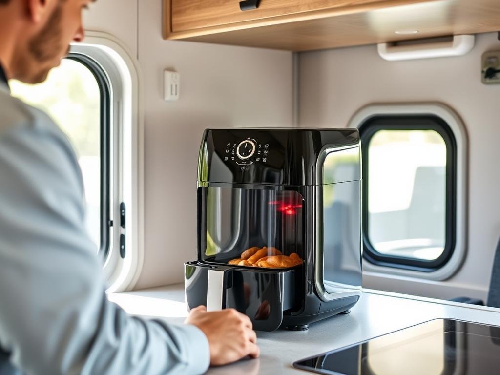 Person using a portable glass air fryer in an RV kitchen