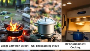 All three recommended Dutch ovens in use at different camping scenarios All three recommended Dutch ovens in use at different camping scenarios
