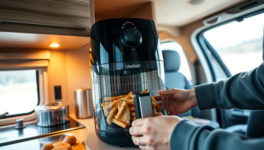 Portable glass air fryer being used in a camper van kitchen