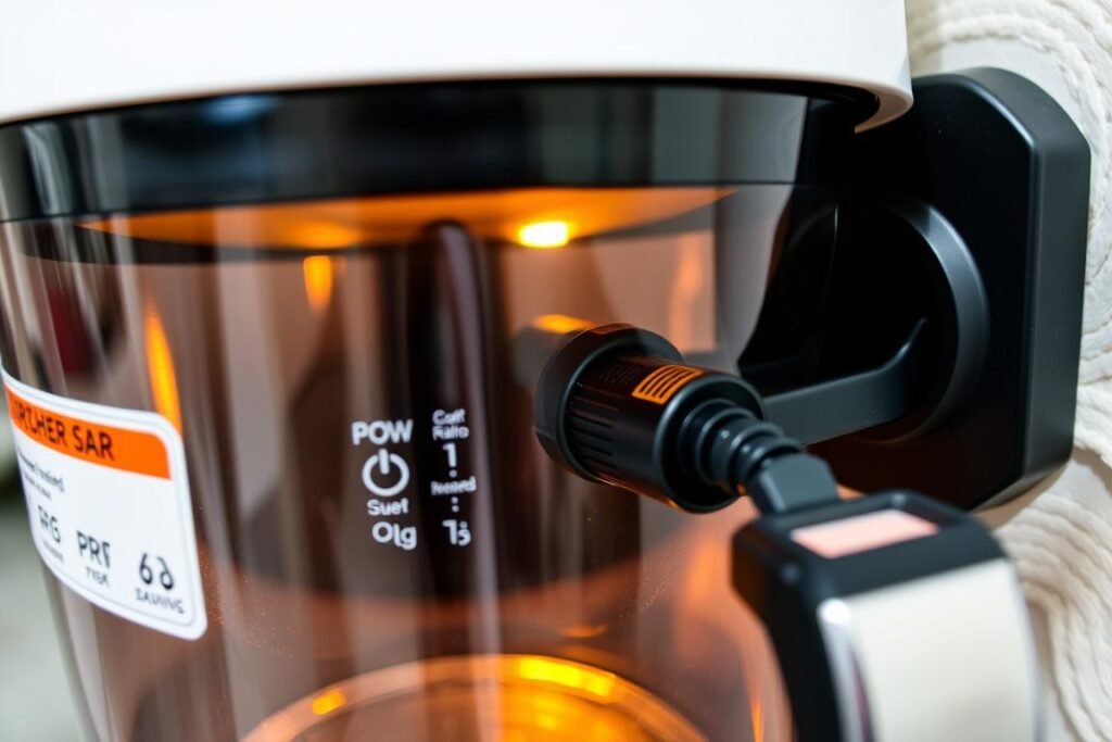 Portable glass air fryer plugged into RV power outlet