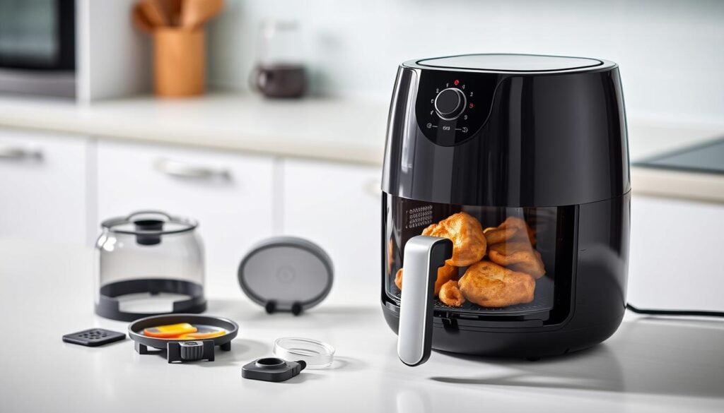 Portable glass air fryer with transparent cooking chamber and detachable components