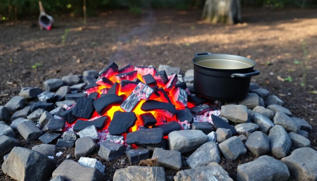 Proper campfire setup for cooking with Dutch oven over campfire showing coal arrangement Proper campfire setup for cooking with Dutch oven over campfire showing coal arrangement