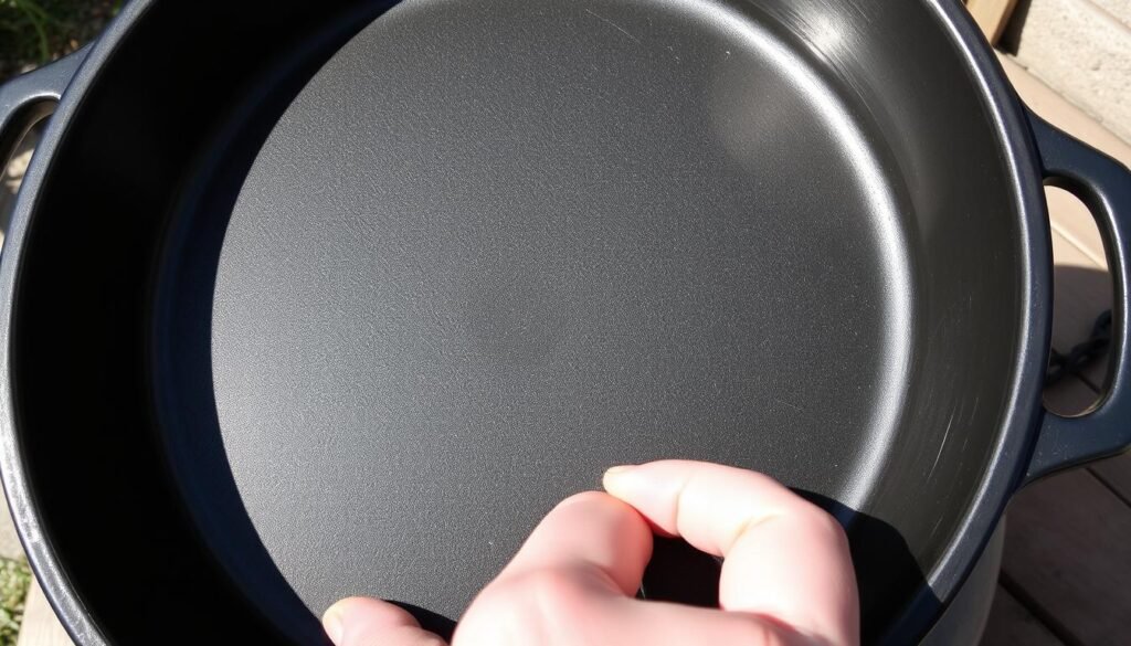 Properly seasoned Dutch oven showing the non-stick black surface for cooking with Dutch oven over campfire Properly seasoned Dutch oven showing the non-stick black surface for cooking with Dutch oven over campfire