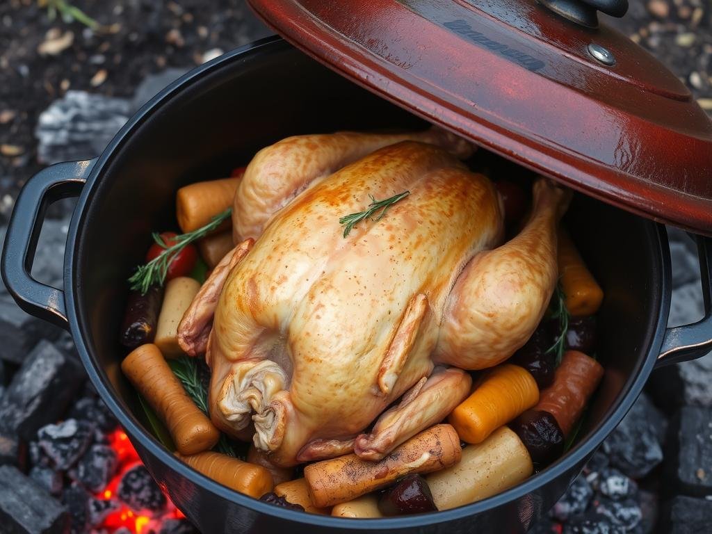 Roasting chicken in a Dutch oven over campfire with vegetables Roasting chicken in a Dutch oven over campfire with vegetables
