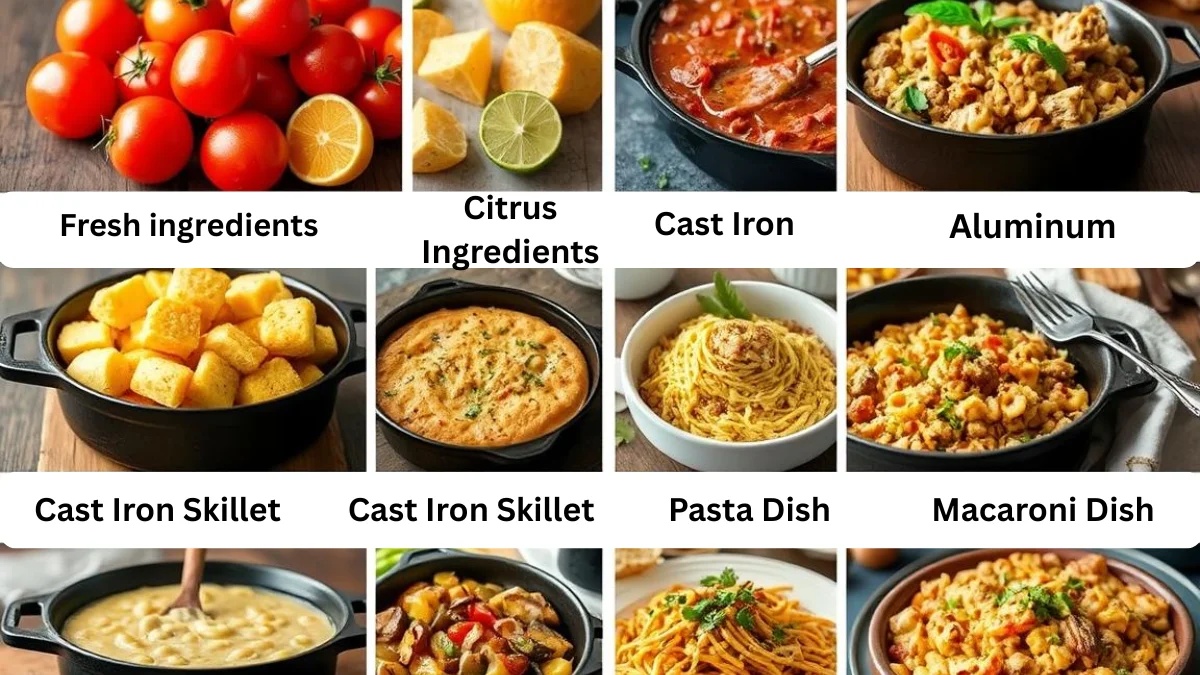 Various foods showing what can and cannot be cooked in different Dutch oven materials Various foods showing what can and cannot be cooked in different Dutch oven materials