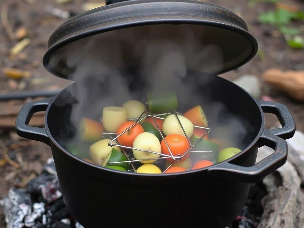 Steaming vegetables in a Dutch oven over campfire using a rack Steaming vegetables in a Dutch oven over campfire using a rack