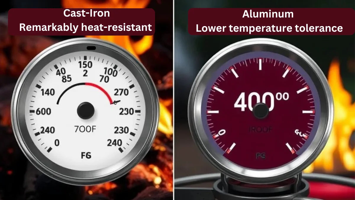 Thermometer showing temperature limits for cast iron vs aluminum Dutch ovens Thermometer showing temperature limits for cast iron vs aluminum Dutch ovens
