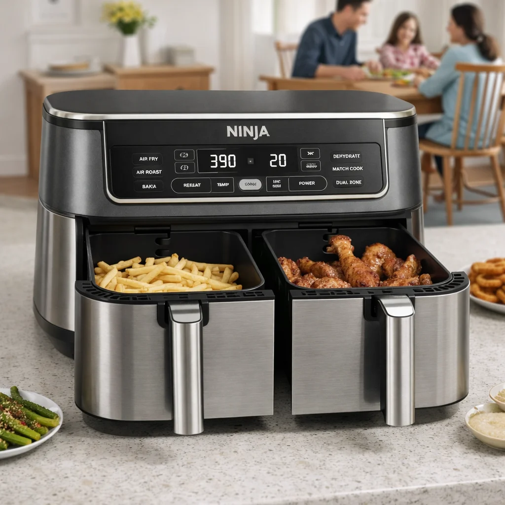 A realistic image of a family getting ready to enjoy the food cooked on Ninja Air Fryer For many parents Ninja 8 Quart Air Fryer is almost a permanent replacement to their oven