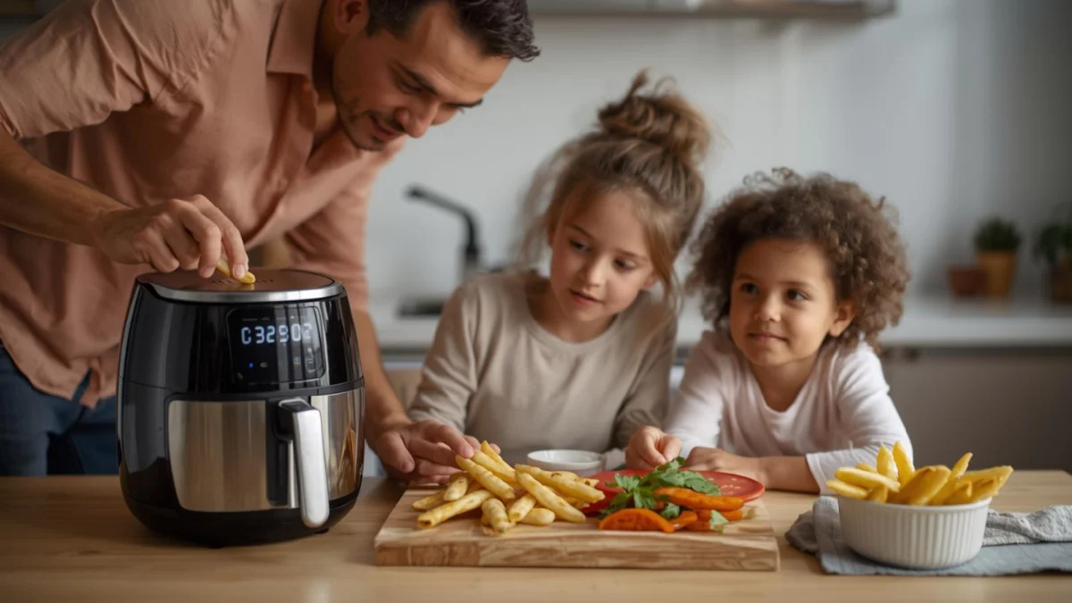 A realistic image of a family serving food cooked in their digital air fryer Are digital air fryers are worth the money you invest on them?