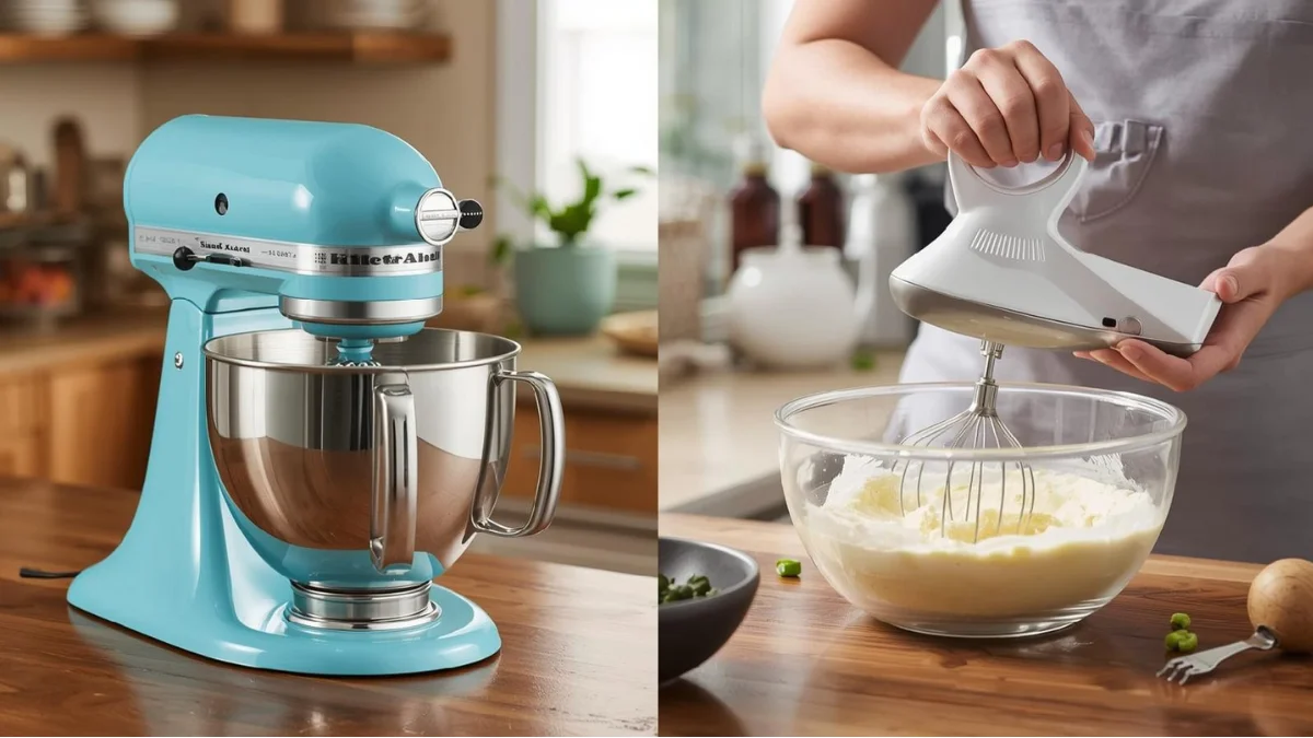 comparison image showing a stand mixer on one side and a hand mixer on the other, both in use while baking.