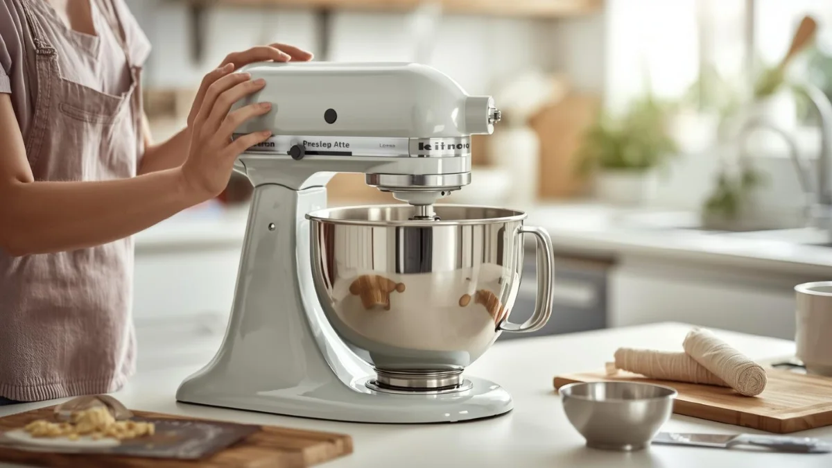 stand mixer vs hand mixer: a stand mixer actively mixing cake batter in a bright home kitchen.