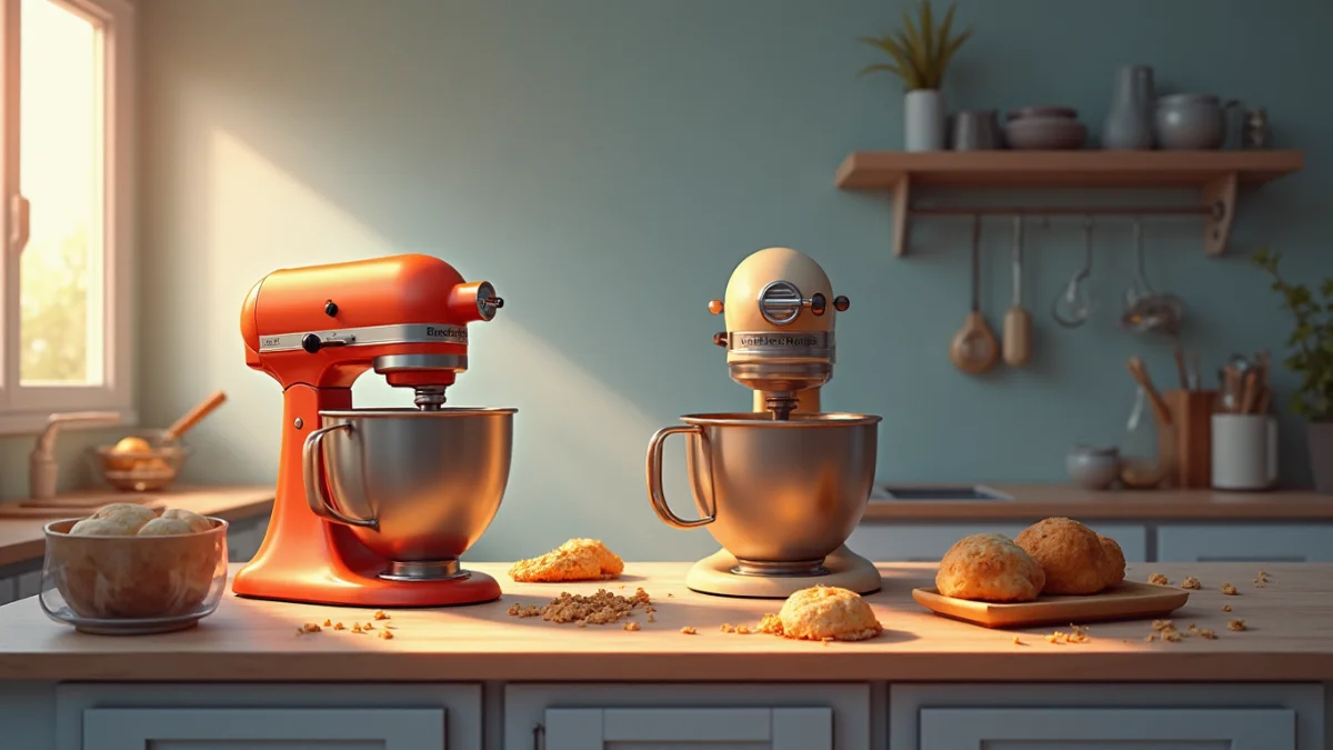 a stand mixer and a hand mixer side by side on a modern kitchen island with baking ingredients. Bright natural daylight, clean editorial style, warm home baking atmosphere