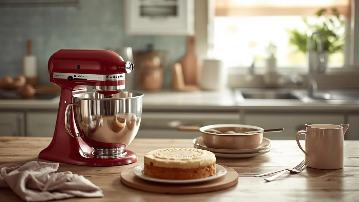 a finished baking setup with a stand mixer on a kitchen counter, freshly baked cake and tools nearby.