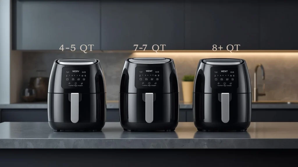 A collection of three modern air fryers on a kitchen counter- A sample collection of  the best air fryers for families in 2026