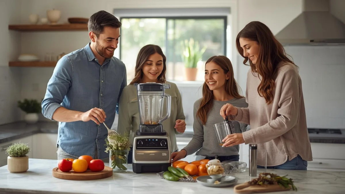 Multiple family members using the Vitamix A2500 blender in a shared kitchen