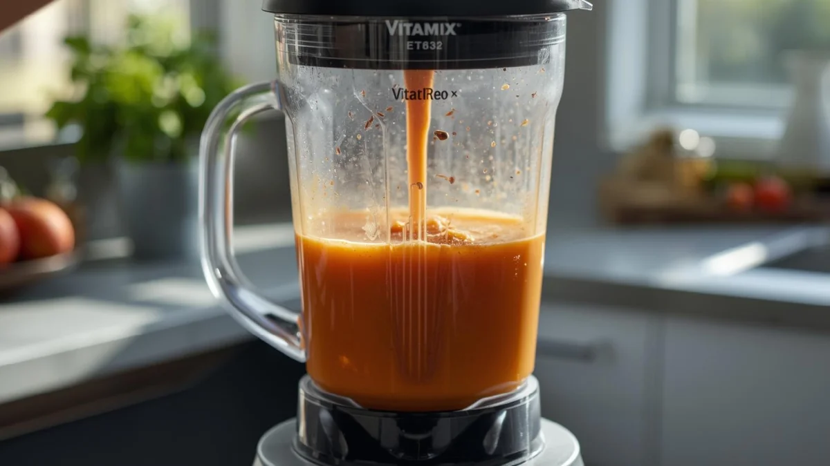 Vitamix E320 blending frozen fruit and spinach into a smooth smoothie
