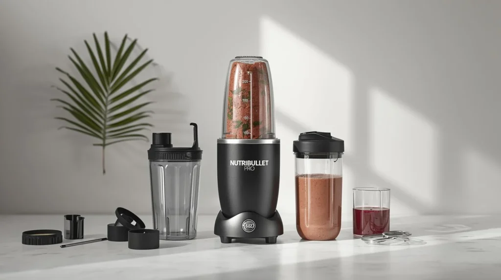NutriBullet Pro Review: A NutriBullet Pro Blender beside a pour-over smoothies setup and accessories