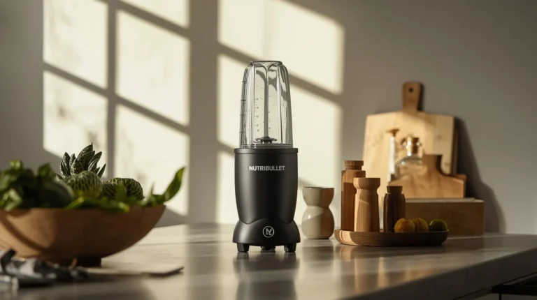 A NutriBullet Pro Blender on a modern kitchen countertop with subtle kitchen accessories nearby