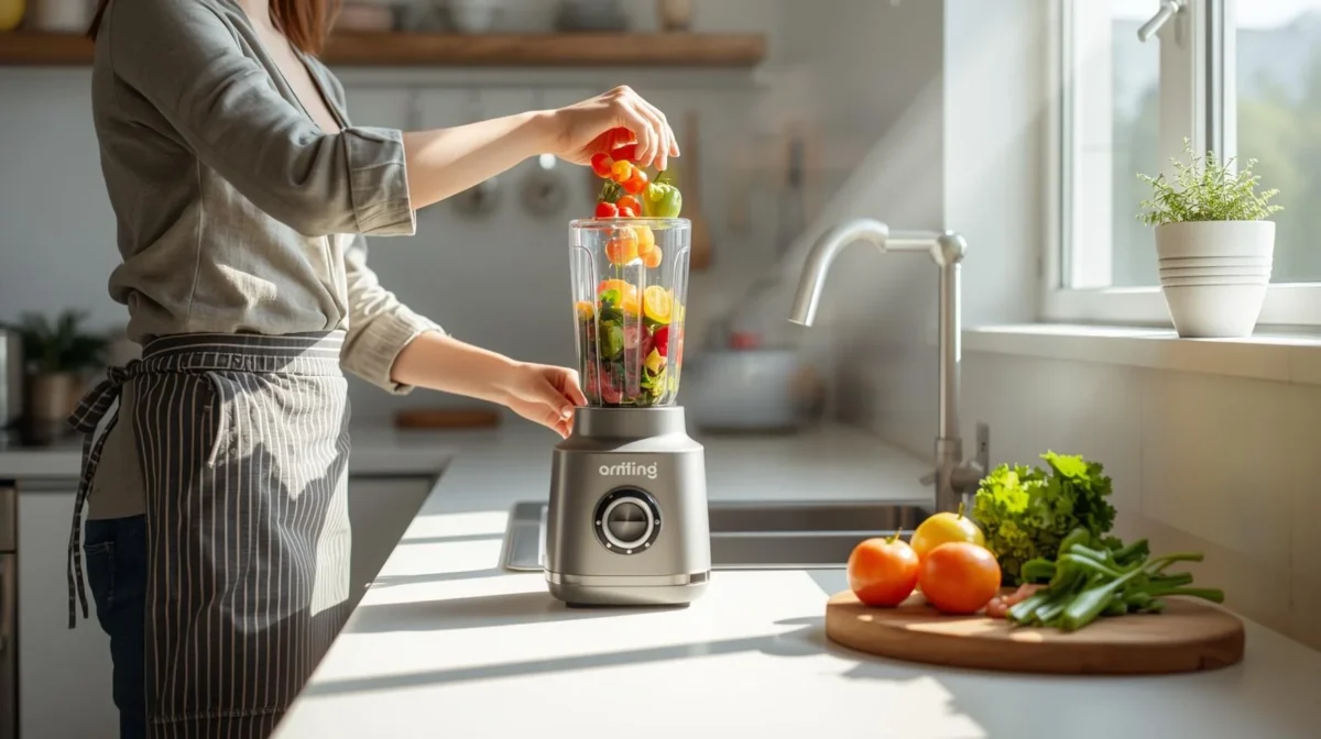 ;Blender mistakes:a home cook adding Ingredients randomly and carelessly into a modern blender to make smoothie