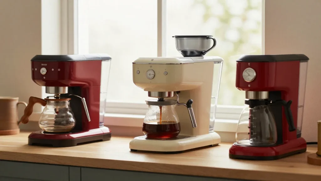 Coffee Maker Buying Guide (2026): How to Choose the Right Machine for Your Needs 3 An image of three coffee machines side-by-side on a counter