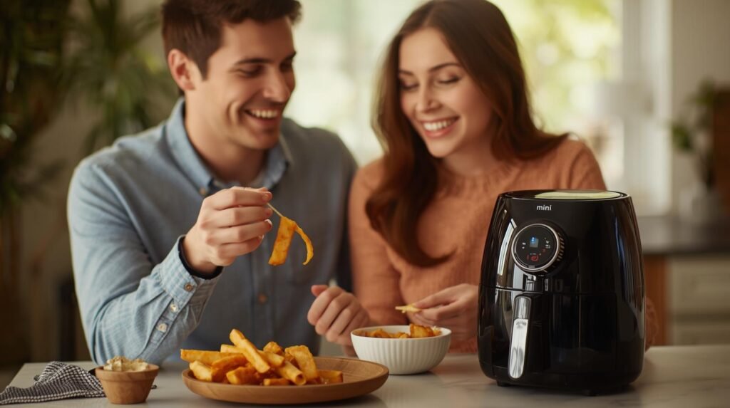 A young couple seen enjoying food cooked in their mini airfyers, which is also in focus