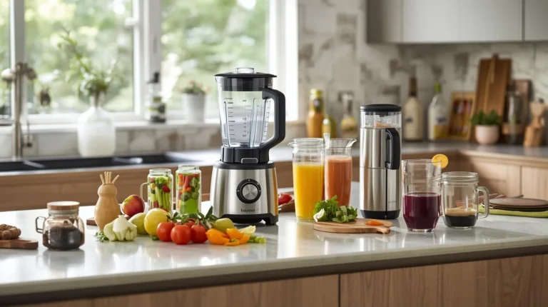 A modern kitchen scene showing a Blendtec Classic 575 Blender