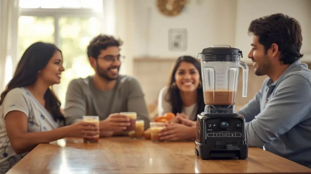 A family enjoing smoothie on a kitchen counter with the An mage showing Blendtec Classic 575 Blender in the background