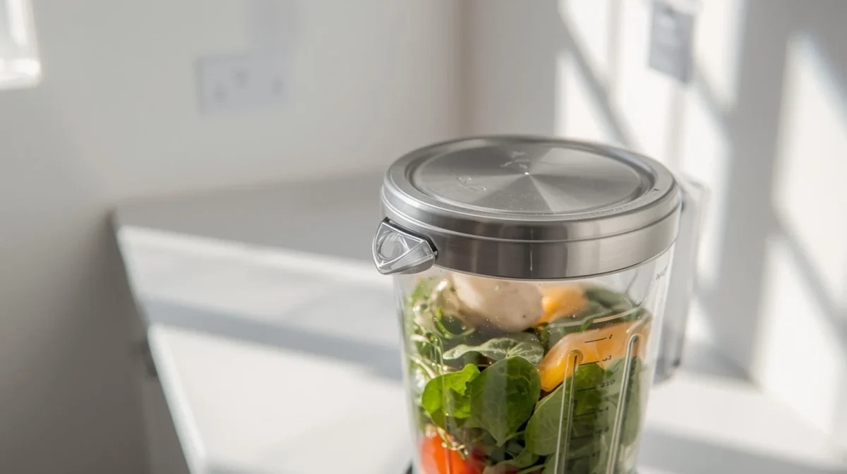 blender overfilled with ingredients beyond the maximum fill line of the jar, which is tightly closed