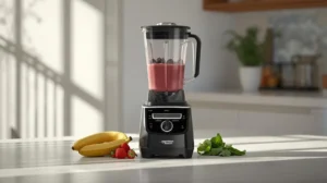 Hamilton Beach Power Elite Blender on a bright home kitchen counter, filled with a fresh berry smoothie.