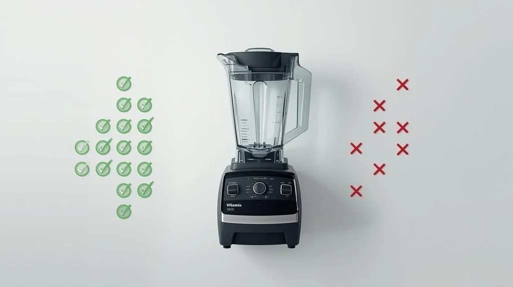 blender on kitchen counter with green check icons on one side and red cross ic