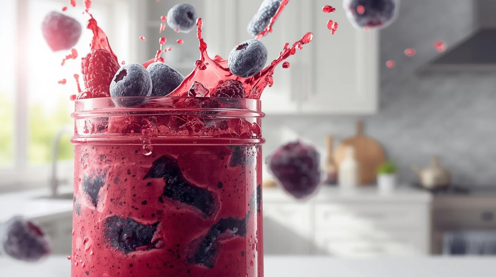 Blender Vs Food processor: Close up of blender making berry smoothie with frozen fruits and ice swirling inside jar