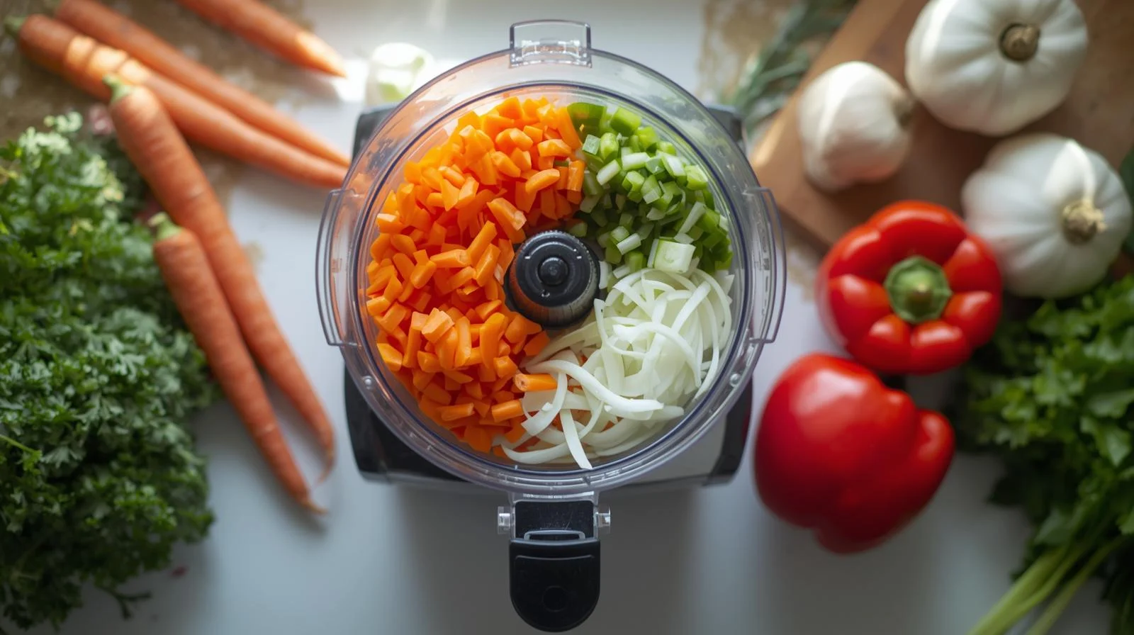 Food processor chopping colorful vegetables in clear bowl, overhead kitchen shot